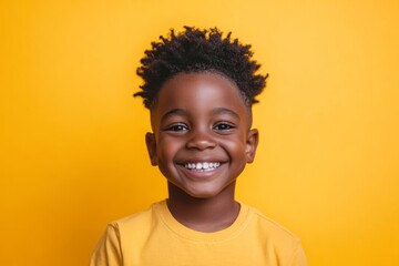 African American boy with black power hair on yellow background. Smiling black kid with a black power hair. Black boy with a black power hair. African, Generative AI