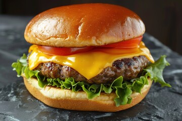 Juicy cheeseburger with lettuce and tomato on dark surface