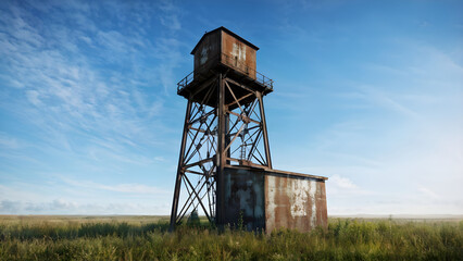  An ancient water tower with a rusted metal tank and a worn wooden structure that was formerly used for steam engines