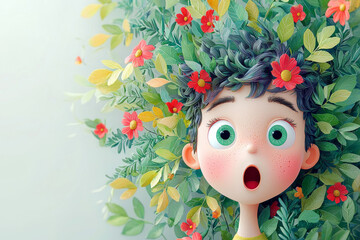 Wall Mural - Surprised shocked scared tree cartoon characters boy kid child teen young man person with funny haircut portrait in 3d style design on light background. Human people feelings expression concept