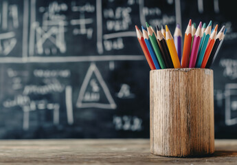 Aufkleber - Back to school concept with colorful pencils standing in wooden container with blurred chalkboard background