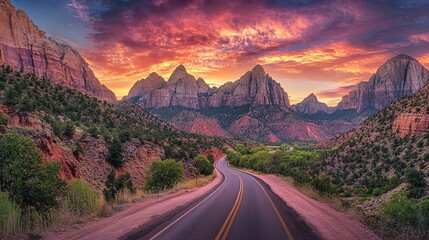 Winding Road Through Red Rock Canyon with Dramatic Sunset Sky