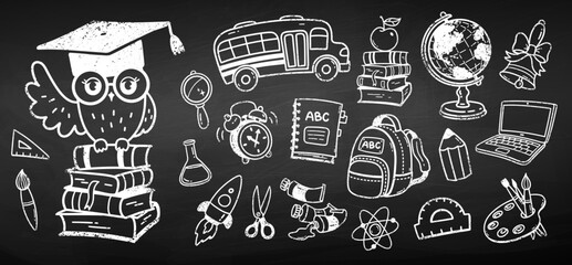 Wall Mural - vector cute chalk drawn illustration set of back to school education symbols and objects on chalkboa