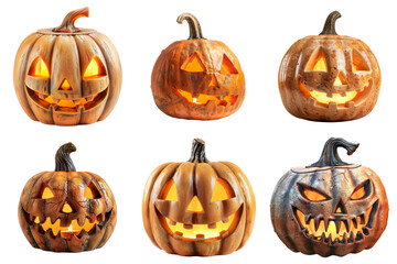 Six Illuminated Jack-o'-Lantern Pumpkins with Carved Faces