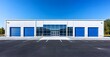 © TigerDude - blue and white self storage facility with blue doors, clean, photo realistic, professional photography, beautiful lighting, wide angle lens, wide shot of entire building,