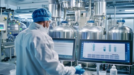 Poster - A scientist is working in a lab with two computer monitors