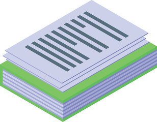 Poster - Green book containing many documents isometric icon, concept of paperwork