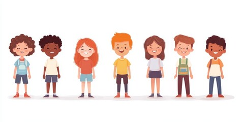 Smiling kids characters isolated. Diversity children standing cartoon  illustration, Generative AI