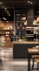 Aufkleber - A modern kitchen with a wood countertop and black cabinets