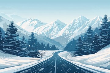 Wall Mural - A scenic winter landscape with a snow-covered road, surrounded by trees and mountains