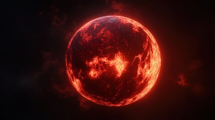 a planet made of lava, glowing red in the dark black background