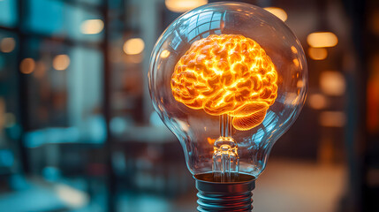 Poster - Glowing brain illuminated inside a glass lightbulb symbolizing innovative ideas intellectual the power of the human mind to discover create and solve problems through knowledge and vision