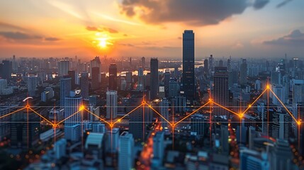 Sunset Over Modern City Skyline With Upward Trending Graph, Symbolizing Economic Growth