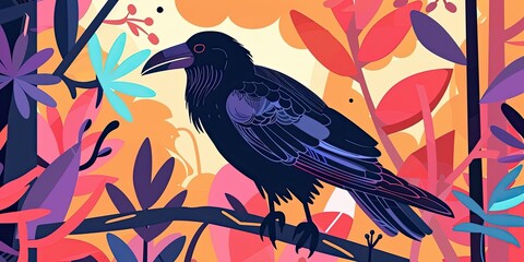 Wall Mural - Black raven perched on branch in colorful landscape.