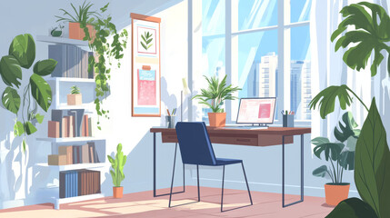 Wall Mural - A modern room with a desk by the window. It has a poster, house plants, and a shelving. It's drawn in a flat style.