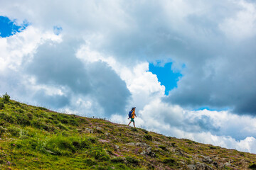 Wall Mural - boy with a backpack walks through a mountain meadow during the summer holidays. trekking and hiking.