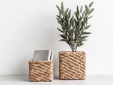 Handwoven water hyacinth basket in a square shape, perfect for holding magazines, showcasing the intricate craftsmanship and organic texture