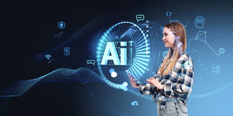 Poster - Woman finger touch tablet, chat bot hologram and AI social network hologram