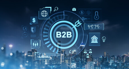 Poster - B2b icons hologram and indicators on Bangkok city skyscrapers