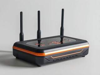 Fototapete - Modern Wi-Fi router with three antennas on a gray background, designed for high-speed internet connectivity