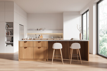 Wall Mural - Modern kitchen interior with wooden cabinets and island. 3D Rendering