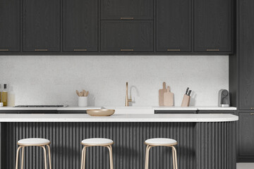 Home kitchen interior with bar counter and chairs, shelves and kitchenware