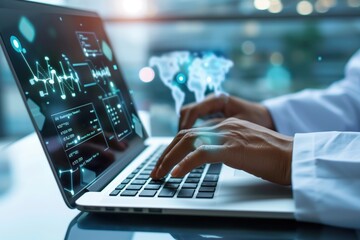 Wall Mural - A medical doctor using a laptop computer demonstrates an electronic medical record for medical technologies