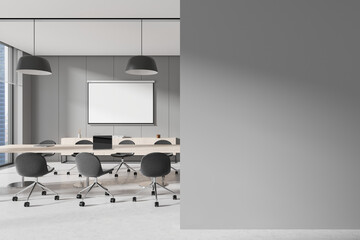 Wall Mural - Grey meeting room interior with blank projection screen, window. Mockup wall