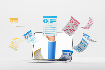 Poster - Hand holding resume document emerging from laptop screen, surrounded by CVs. 3D Rendering