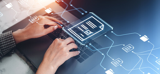 Poster - Woman hands typing, document management system hologram
