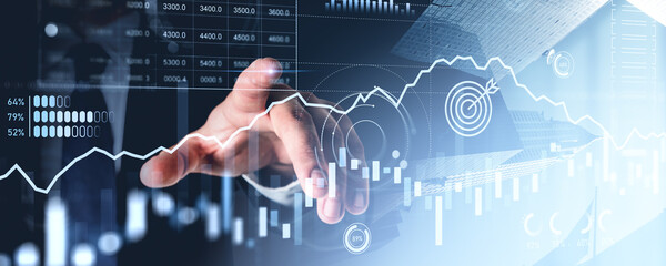 Poster - Man finger touch forex diagrams and stock market data with dashboard