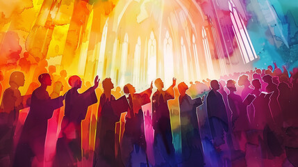 A diverse group of worshippers passionately sings together in a beautifully lit cathedral, creating a powerful atmosphere of faith and community, watercolor art