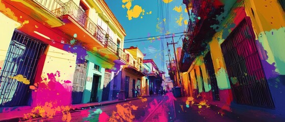 Colorful digital artwork depicting a lively Cuban street with abstract elements.