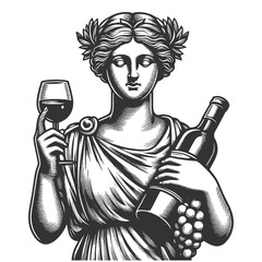 Wall Mural - Ancient greek statue goddess holding a wine glass and bottle, with laurel wreath sketch engraving generative ai fictional character raster illustration. Scratch board imitation. Black and white image