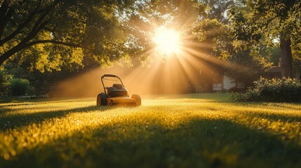 Wall Mural - Man Mows Lawn at Sunset Creating Serene Backyard Atmosphere