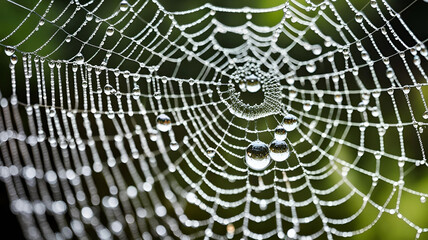 Detailed close-up of a dew drops on a spider web - Generative AI