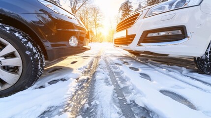 Close-up of two cars parked on snowy country side road winter driving on a cold sunny day tire