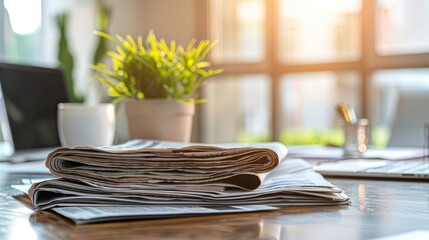 A stack of fresh morning newspapers is on the office table, featuring the latest financial and business news. The daily paper includes pages with headlines, articles, photos, and text, all folded and 