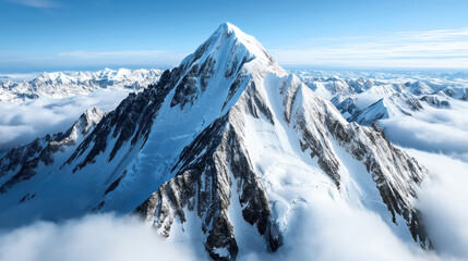 Canvas Print - Aerial view of a snow-covered mountain peak surrounded by a range of rugged mountains under a clear blue sky.