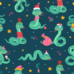 Sticker - Cute snakes seamless pattern. Christmas new year snake, winter holiday printable template for fabric wrapping posters. Cartoon nowaday vector background