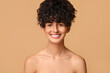 © New Africa - Happy young woman on beige background. Dental veneers
