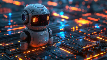 Poster - Futuristic AI Robot with Glowing Eyes on Neon Circuit Board, Evening Technological Sci-Fi Concept