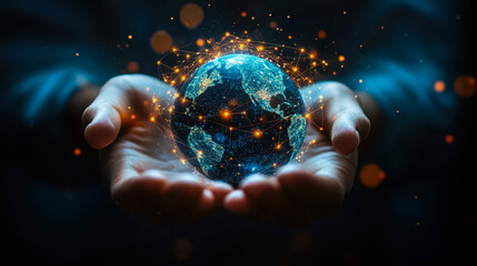 Poster - Abstract Hands Holding Global Networked Earth, Innovative Technologies, Science and Communication, Digital Connection, Future of Connectivity, Night Setting