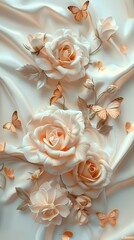 Fototapete - Digital roses and butterflies are shown on white silk abstract graphics poster background with generative
