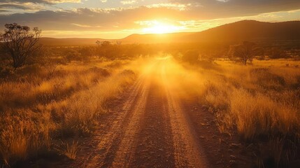 Wall Mural - golden hour in the australian outback sunkissed grasslands meet dusty road