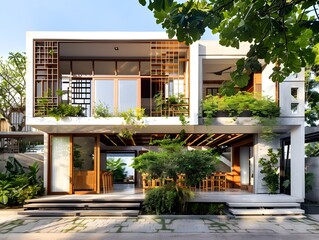 Sticker - Modern Concrete House with Green Roof and Patio.