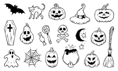 Wall Mural - Doodle halloween elements. Spooky hand drawn pumpkins, witch hat and broom, spiderweb and ghost. Sketch autumn fest icons, neoteric vector set