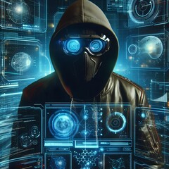 Wall Mural - Depict a skilled cyberpunk hacker in a futuristic setting, surrounded by holographic interfaces.