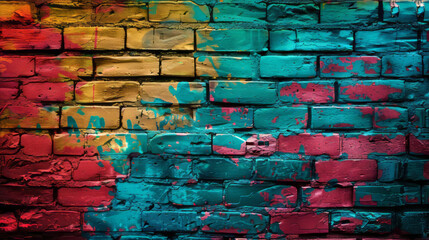 Wall Mural - A colorful graffiti painting on a brick wall, in a post-apocalyptic backdrops and matte photo style.