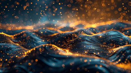 Wall Mural - A blue background in 3D with gold particles, in a style that is nightscapes, golden palette, and space art.